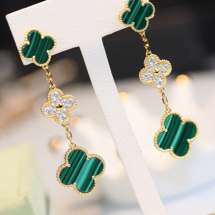 [Resenly Jewelry]CLOVER EARRINGS GOLD MALACHITE DIAMOND 3 MOTIF