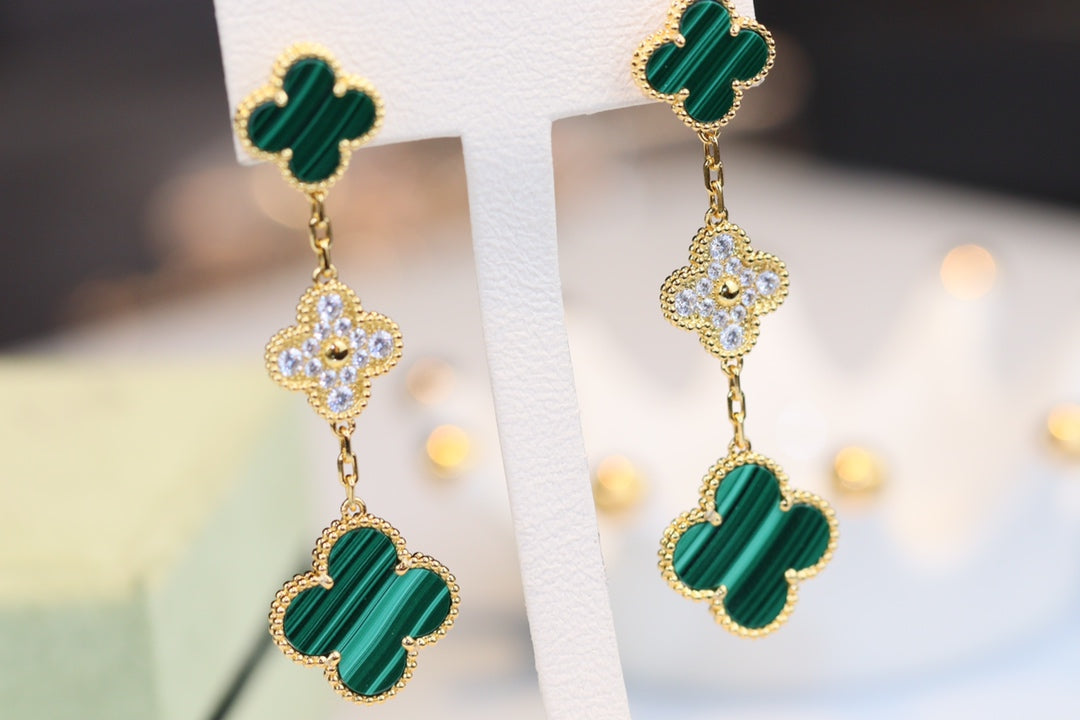 [Resenly Jewelry]CLOVER EARRINGS GOLD MALACHITE DIAMOND 3 MOTIF
