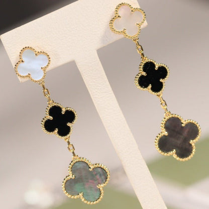 [Resenly Jewelry]CLOVER EARRINGS GOLD ONYX MOP 3 MOTIF
