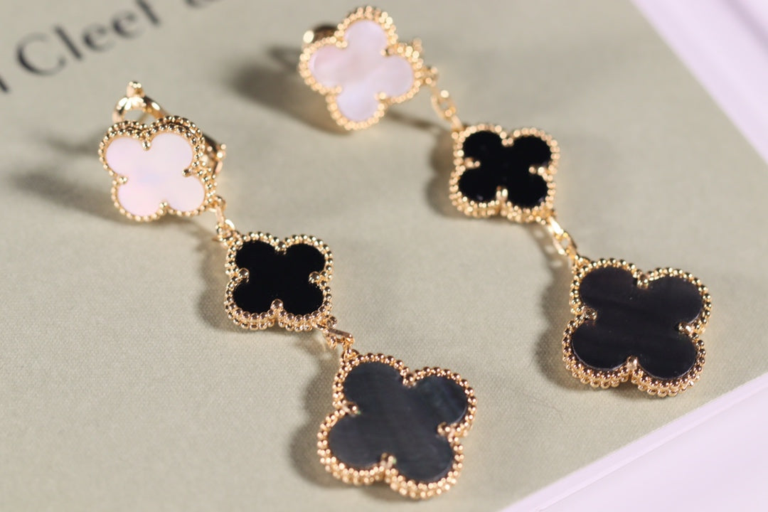 [Resenly Jewelry]CLOVER EARRINGS GOLD ONYX MOP 3 MOTIF