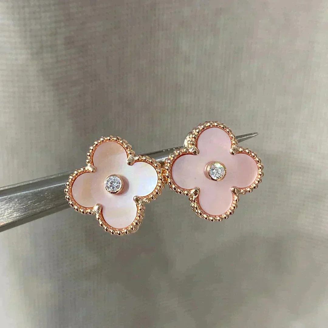 [Resenly Jewelry]CLOVER MEDIUM 1 MOTIFS  PINK MOP DIAMOND EARRINGS