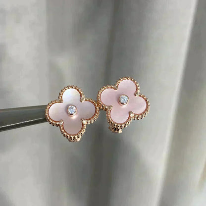 [Resenly Jewelry]CLOVER MEDIUM 1 MOTIFS  PINK MOP DIAMOND EARRINGS