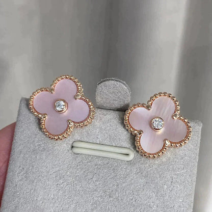 [Resenly Jewelry]CLOVER MEDIUM 1 MOTIFS  PINK MOP DIAMOND EARRINGS