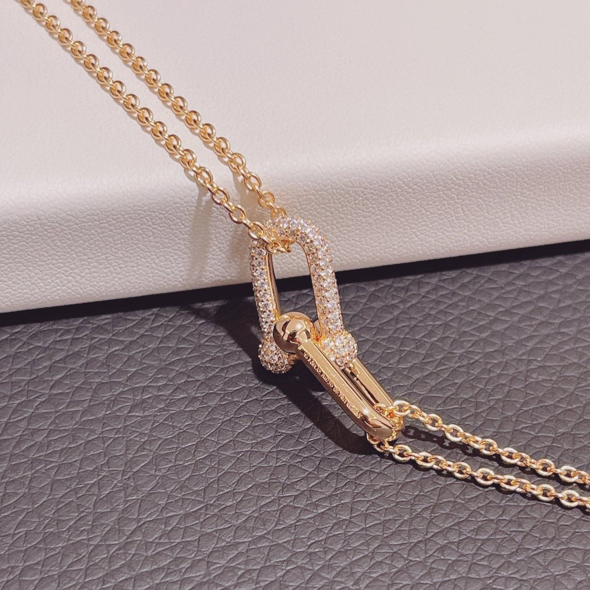[Resenly Jewelry]HARDWEAR DOUBLE LINK PEDANT PINK GOLD DIAMOND NECKLACE