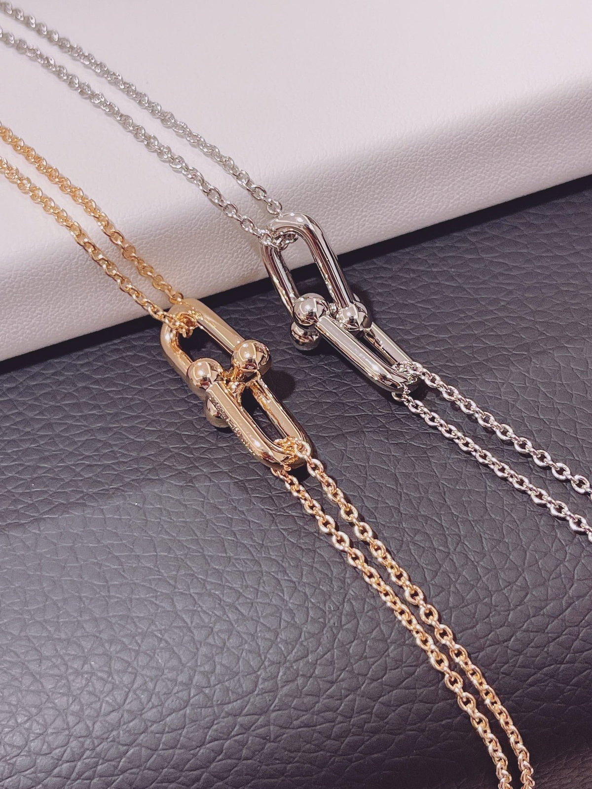 [Resenly Jewelry]HARDWEAR DOUBLE LINK PEDANT PINK GOLD NECKLACE