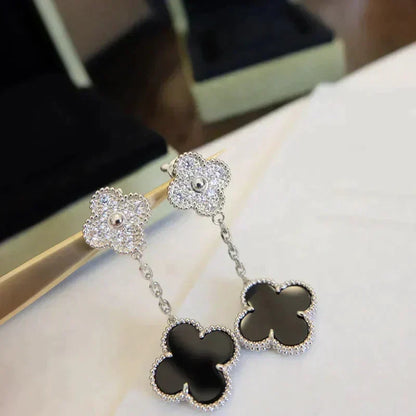 [Resenly Jewelry]CLOVER 2 MOTIFS  DIAMOND ONYX EARRINGS SILVER