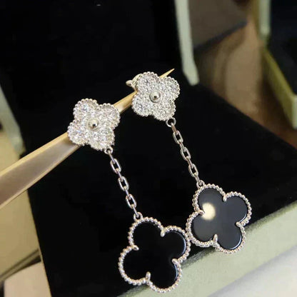 [Resenly Jewelry]CLOVER 2 MOTIFS  DIAMOND ONYX EARRINGS SILVER