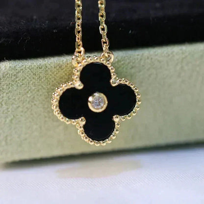 [Resenly Jewelry]CLOVER 15MM DIAMOND ONYX NECKLACE