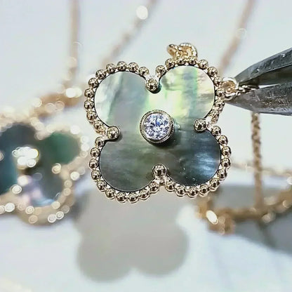 [Resenly Jewelry]CLOVER 15MM DIAMOND AND MOTHER-OF-GREY NECKLACE