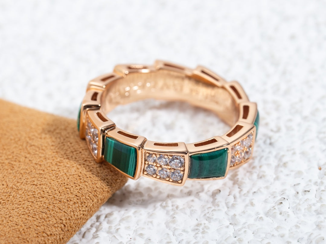 [Resenly Jewelry]SERPENTI RING PINK GOLD MALACHITE DIAMOND PAVED 4MM