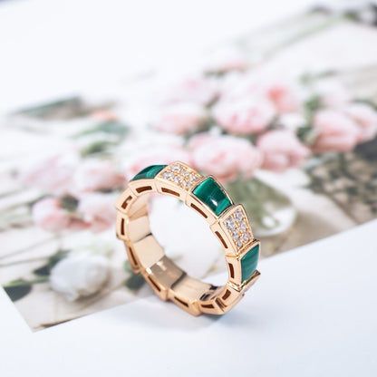 [Resenly Jewelry]SERPENTI RING PINK GOLD MALACHITE DIAMOND PAVED 4MM