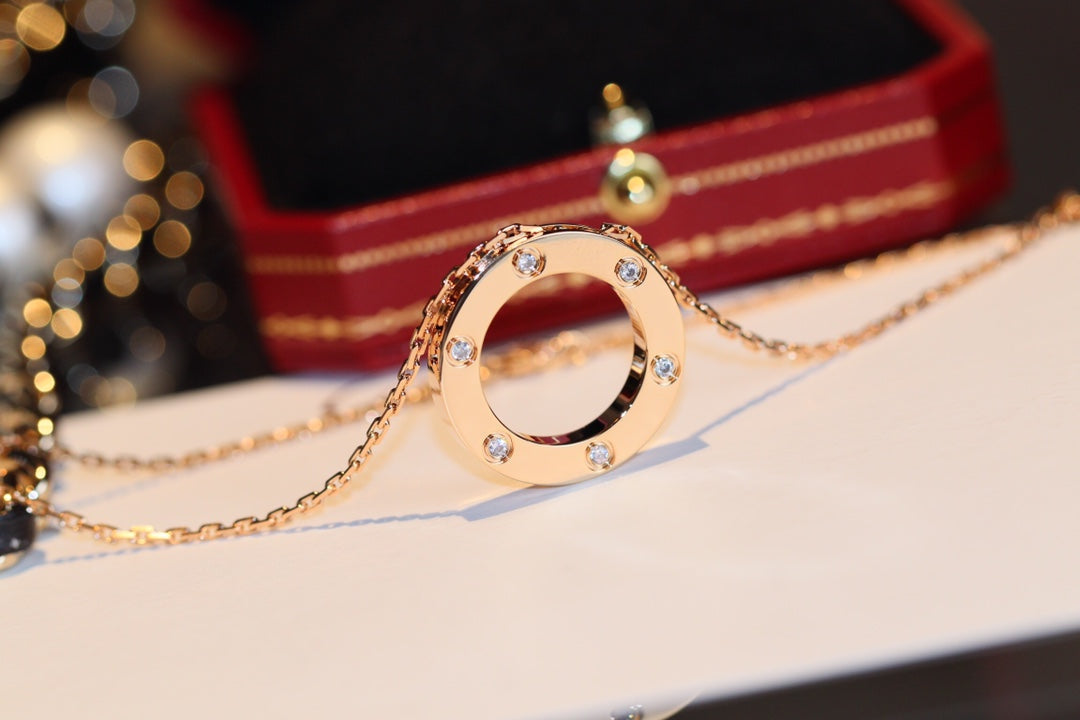 [Resenly Jewelry]LOVE NECKLACE 16MM 6 DIAMONDS PINK GOLD