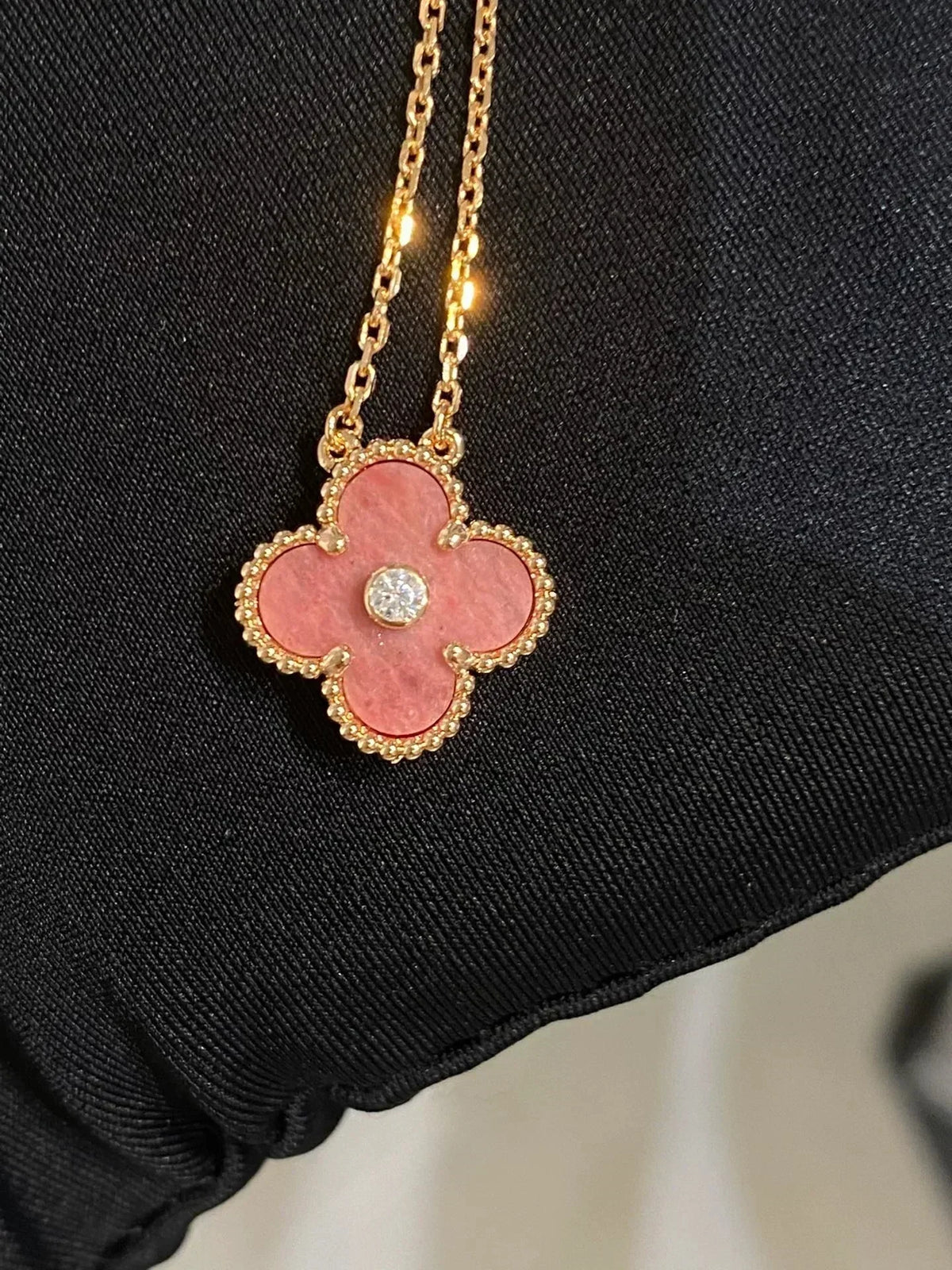 [Resenly Jewelry]CLOVER 15MM DIAMOND RHODONITE NECKLACE