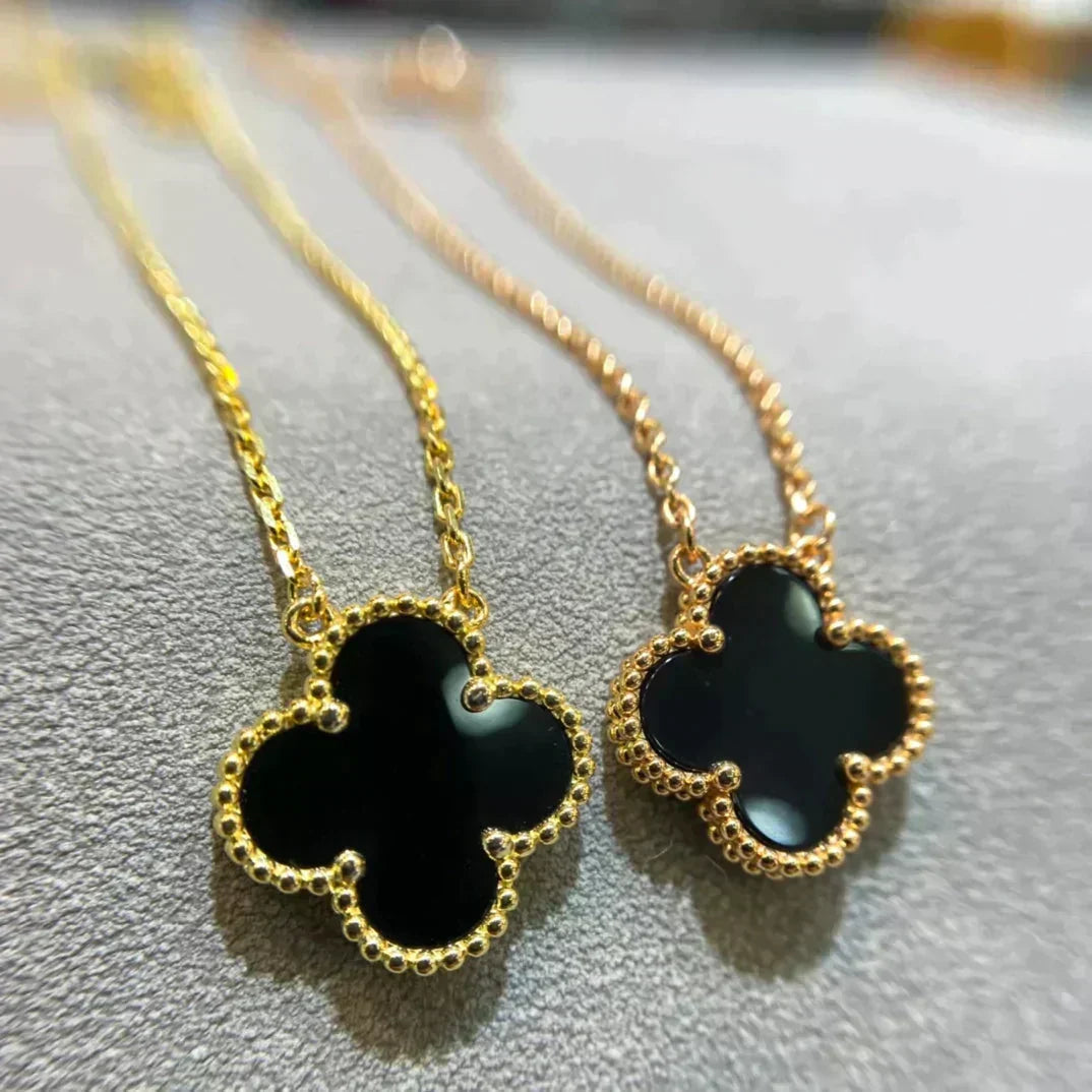 [Resenly Jewelry]CLOVER 15MM BLACK ONYX SINGLE FLOWER NECKLACE