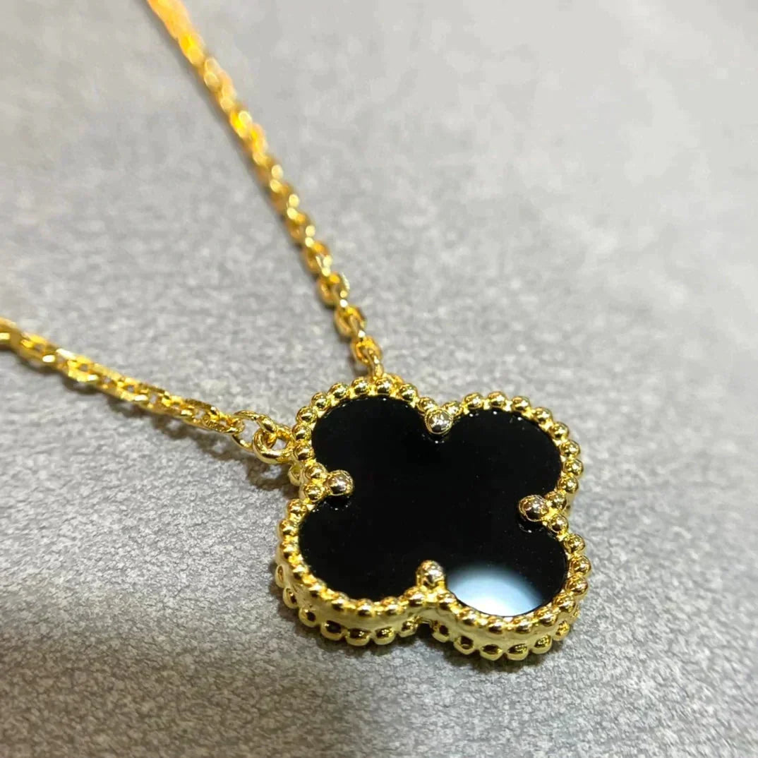 [Resenly Jewelry]CLOVER 15MM BLACK ONYX SINGLE FLOWER NECKLACE