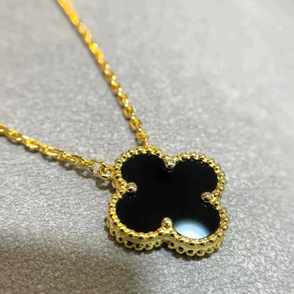 [Resenly Jewelry]CLOVER 15MM BLACK ONYX SINGLE FLOWER NECKLACE