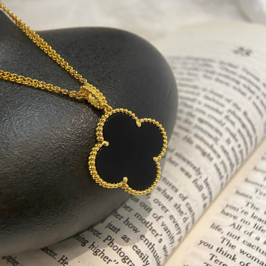 [Resenly Jewelry]CLOVER 25MM NECKLACE GOLD ONYX