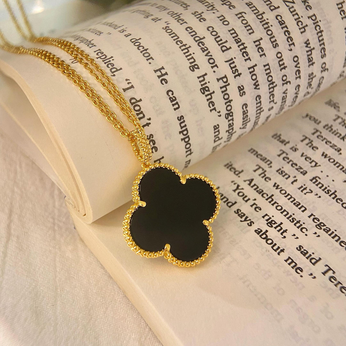 [Resenly Jewelry]CLOVER 25MM NECKLACE GOLD ONYX