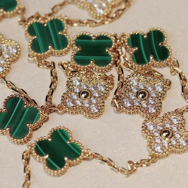 [Resenly Jewelry]CLOVER 20 MOTIFS MALACHITE DIAMOND NECKLACE
