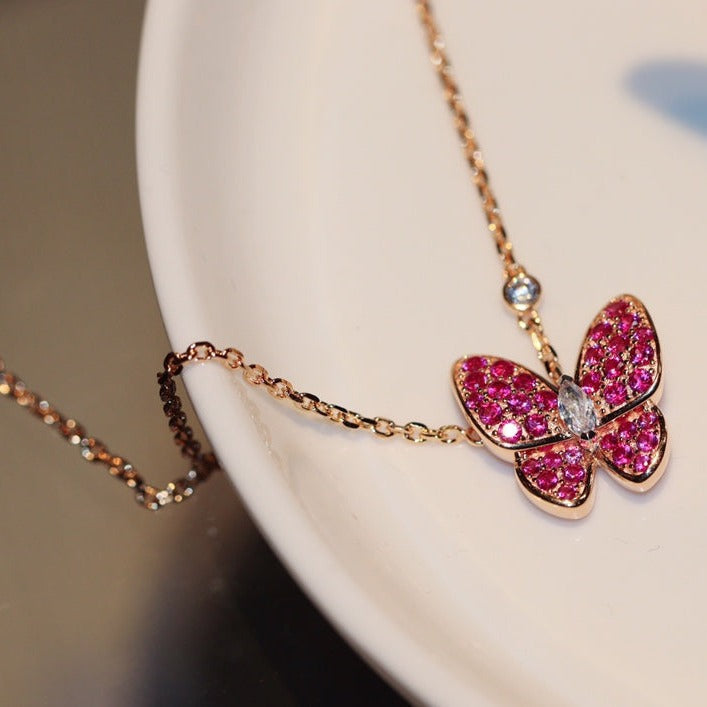 [Resenly Jewelry]BUTTERFLY RED DIAMOND ROSE GOLD NECKLACE