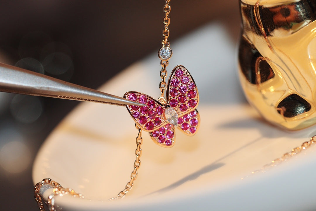 [Resenly Jewelry]BUTTERFLY RED DIAMOND ROSE GOLD NECKLACE