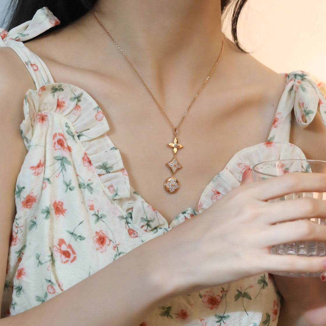 [Resenly Jewelry]STAR AND SUN DIAMOND PINK GOLD NECKLACE