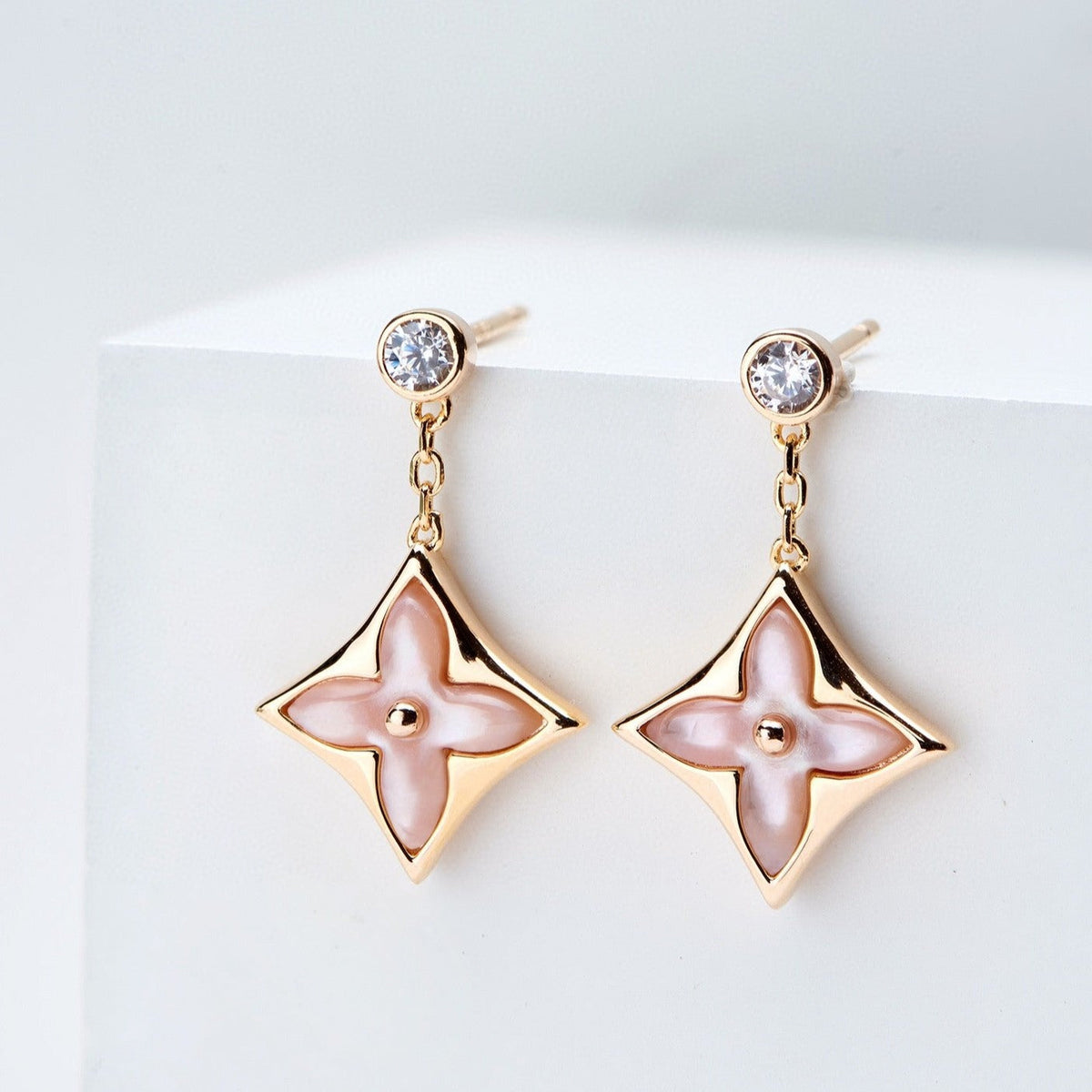 [Resenly Jewelry]DOUBLE STAR PINK GOLD MOP DROP EARRINGS