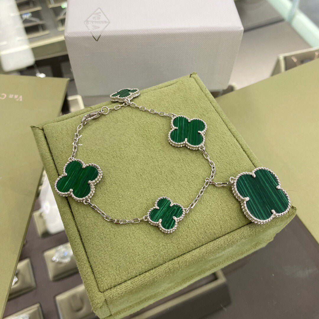 [Resenly Jewelry]CLOVER 5 MOTIFS SIVLER MALACHITE BRACELET