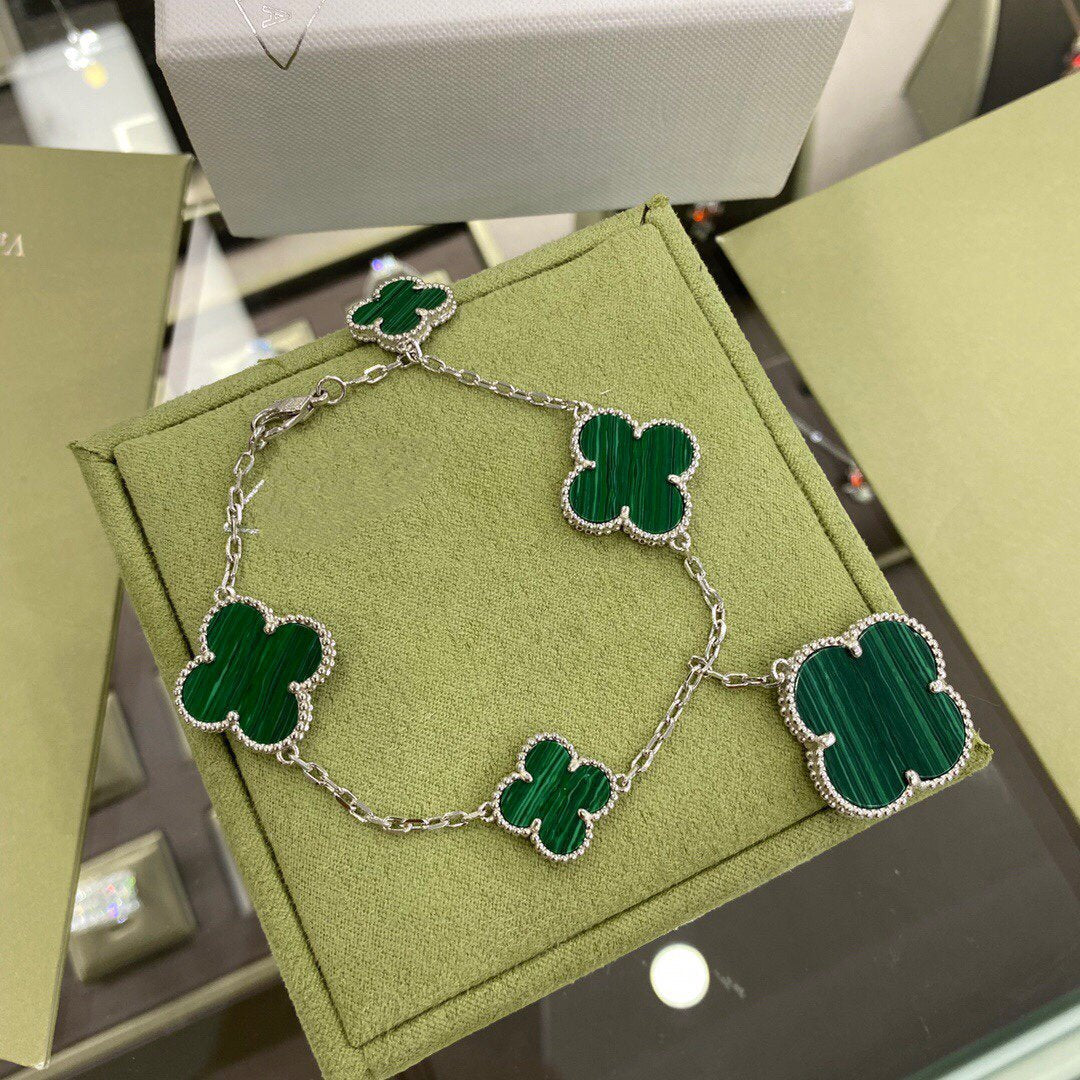 [Resenly Jewelry]CLOVER 5 MOTIFS SIVLER MALACHITE BRACELET