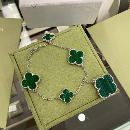 [Resenly Jewelry]CLOVER 5 MOTIFS SIVLER MALACHITE BRACELET