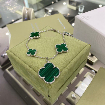[Resenly Jewelry]CLOVER 5 MOTIFS SIVLER MALACHITE BRACELET