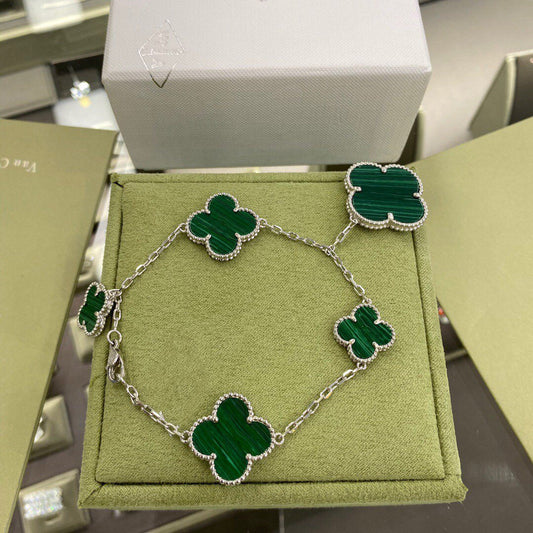 [Resenly Jewelry]CLOVER 5 MOTIFS SIVLER MALACHITE BRACELET