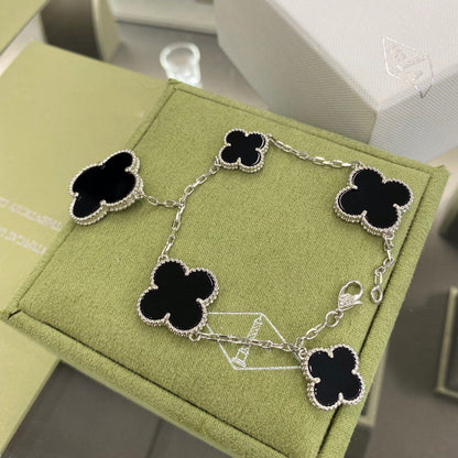 [Resenly Jewelry]CLOVER 5 MOTIFS SIVLER ONYX BRACELET