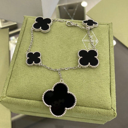 [Resenly Jewelry]CLOVER 5 MOTIFS SIVLER ONYX BRACELET