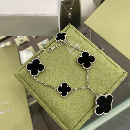 [Resenly Jewelry]CLOVER 5 MOTIFS SIVLER ONYX BRACELET