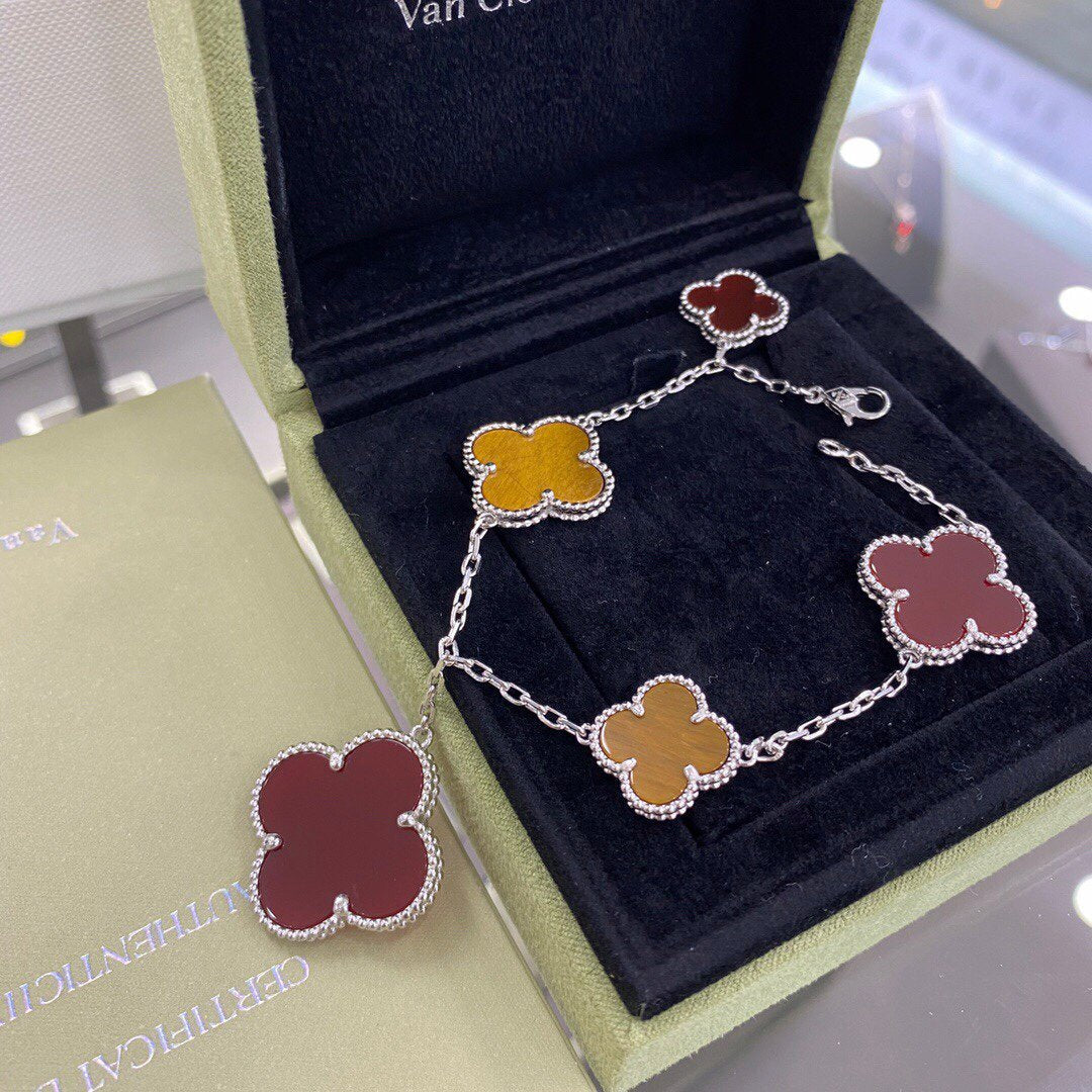 [Resenly Jewelry]CLOVER 5 MOTIFS SIVLER CARNELIAN TIGER EYE BRACELET