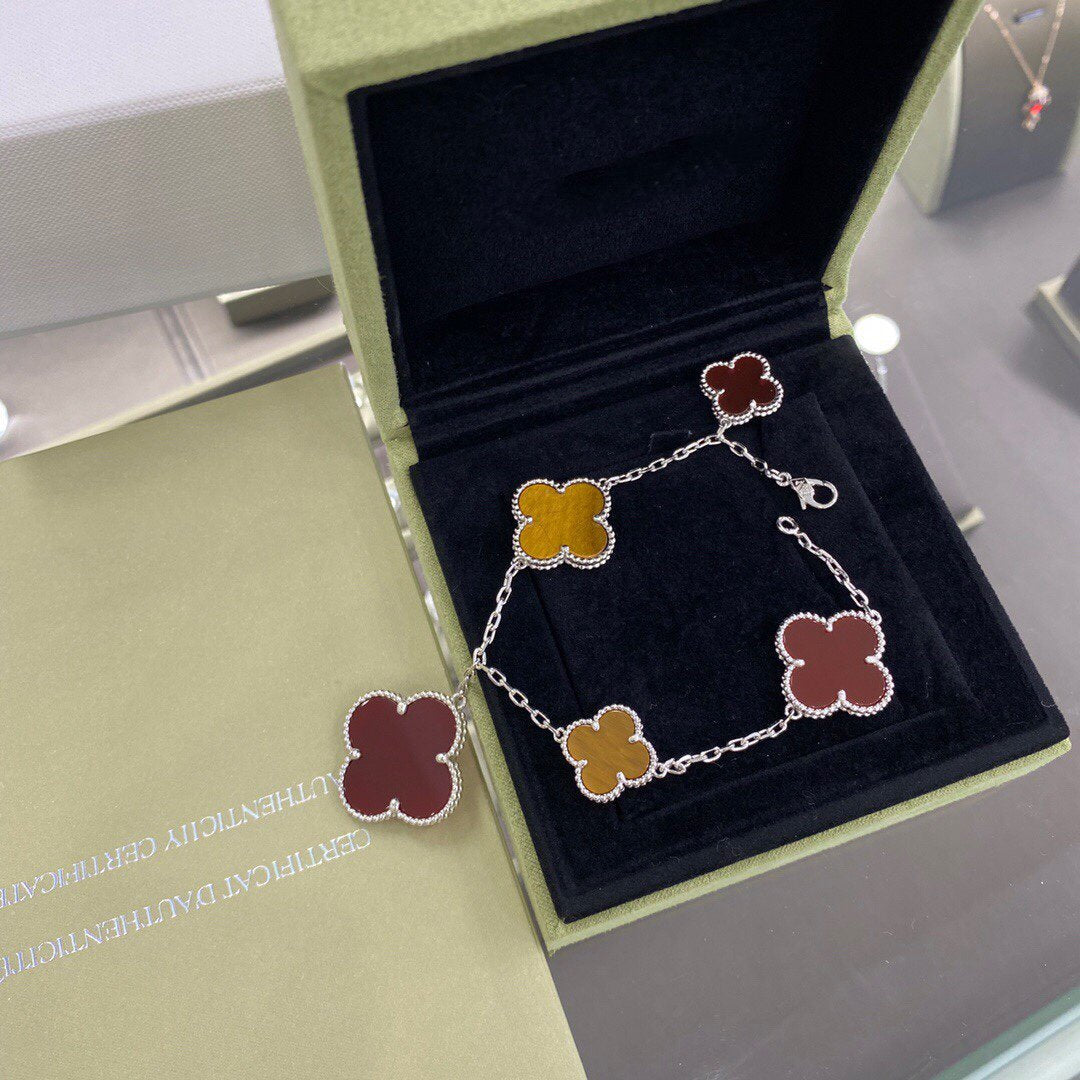 [Resenly Jewelry]CLOVER 5 MOTIFS SIVLER CARNELIAN TIGER EYE BRACELET