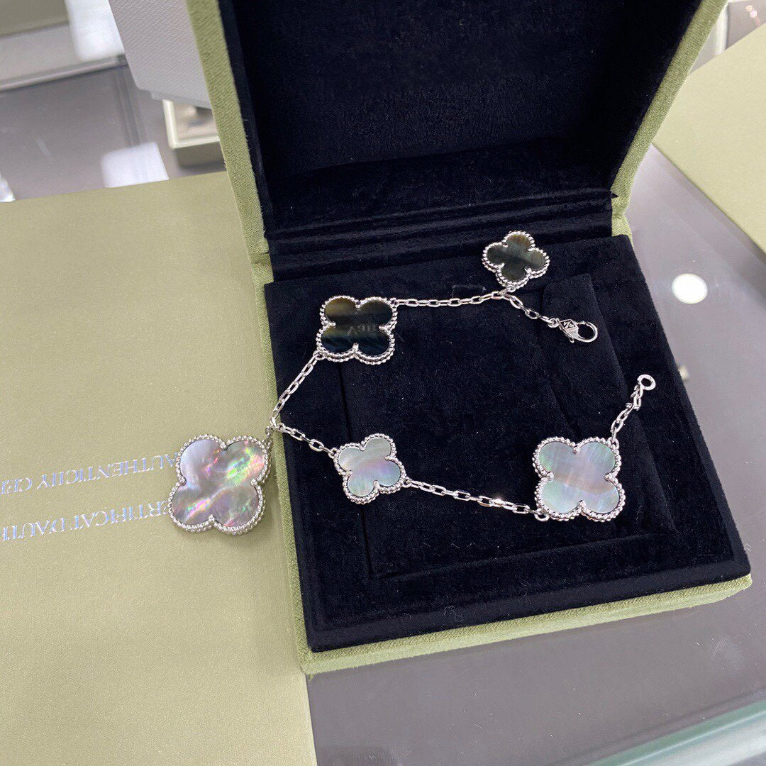 [Resenly Jewelry]CLOVER 5 MOTIFS SIVLER DARK MOP BRACELET