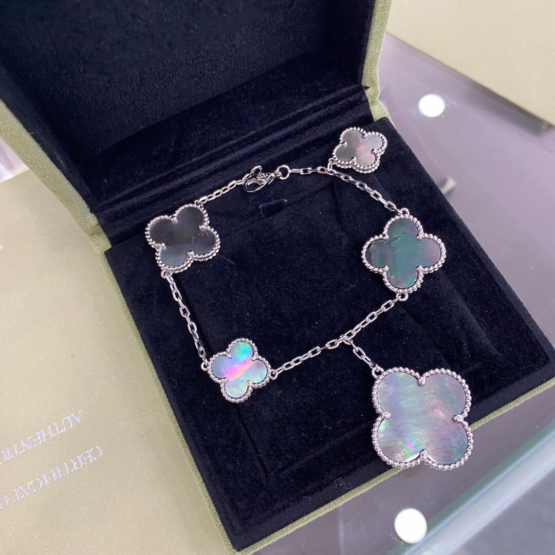 [Resenly Jewelry]CLOVER 5 MOTIFS SIVLER DARK MOP BRACELET