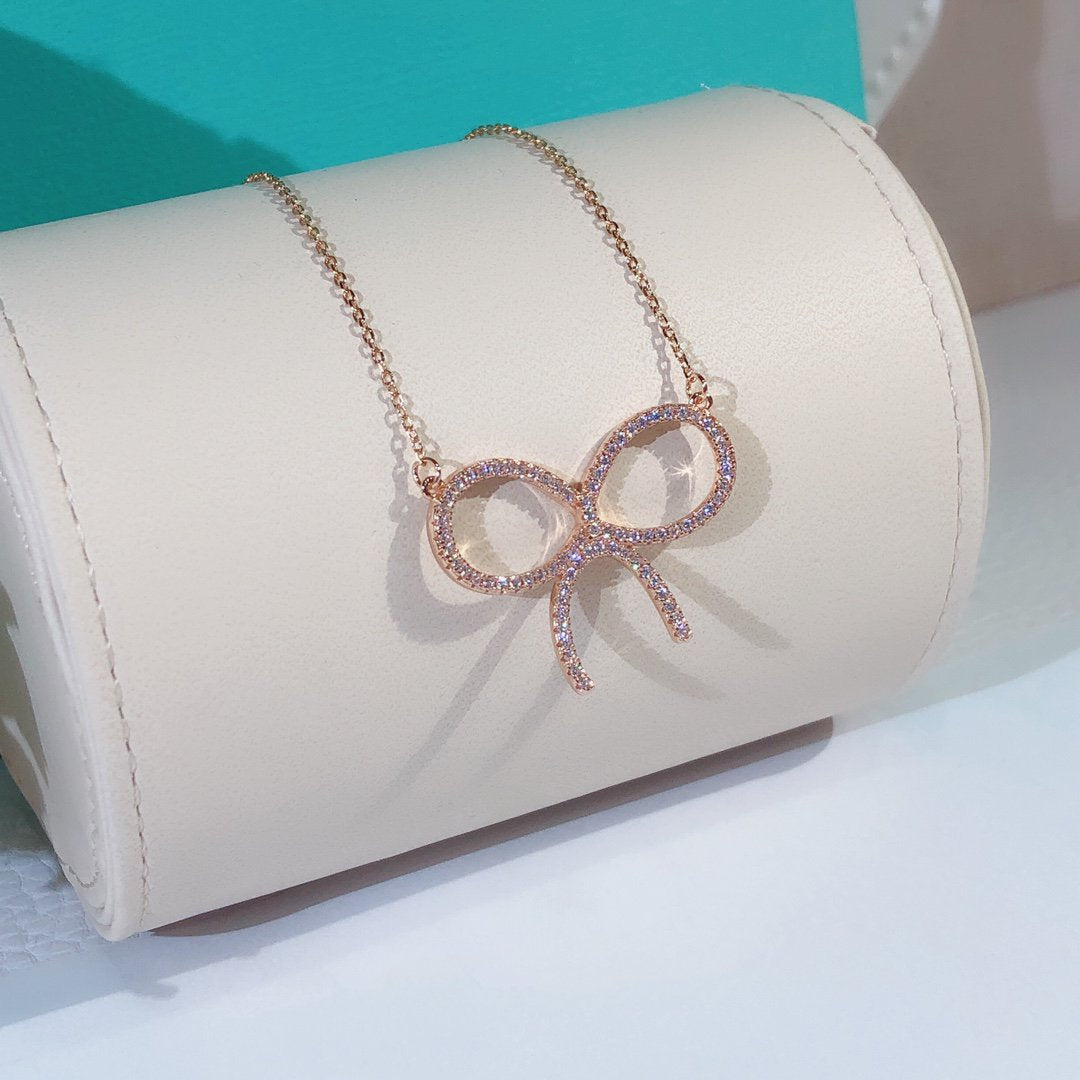 [Resenly Jewelry]CLAW SET RHODIUM PLATED BOW NECKLACE