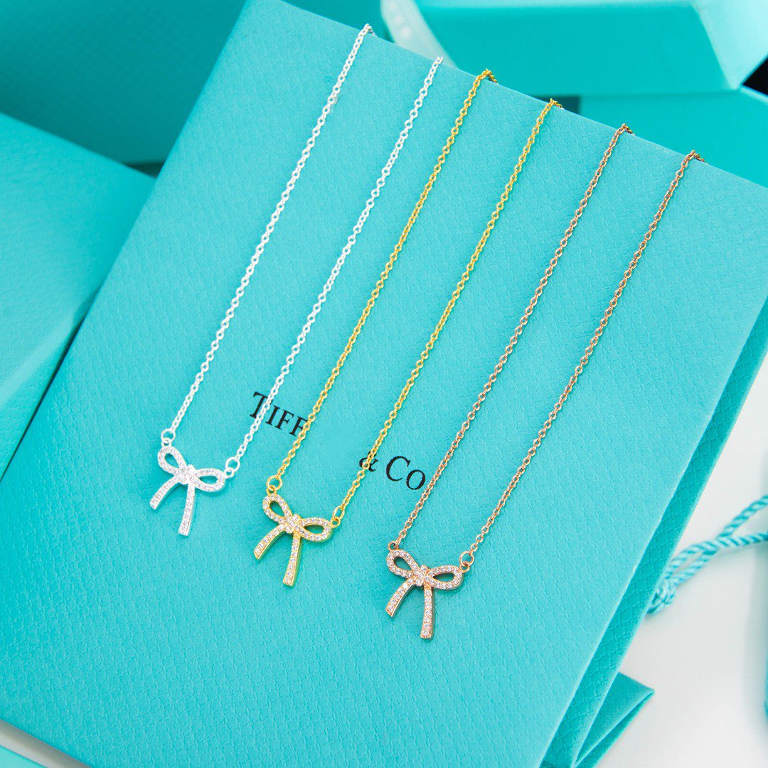 [Resenly Jewelry]RIBBON NECKLACE BOW PENDANT DIAMOND CHARM CHAIN