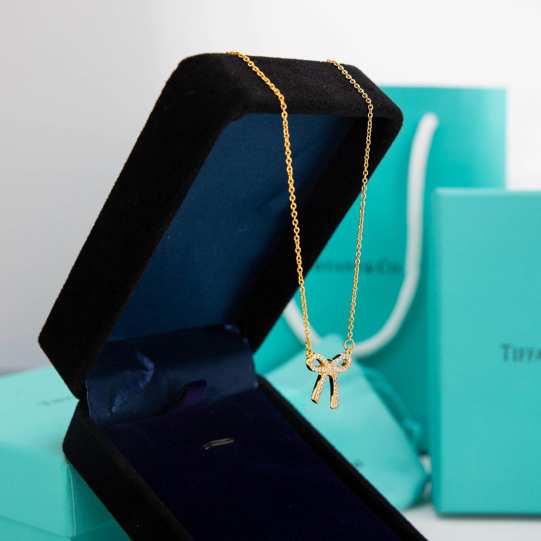 [Resenly Jewelry]RIBBON NECKLACE BOW PENDANT DIAMOND CHARM CHAIN