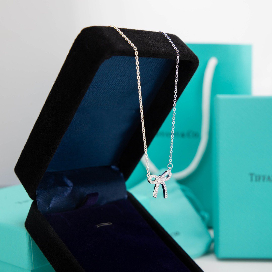 [Resenly Jewelry]RIBBON NECKLACE BOW PENDANT DIAMOND CHARM CHAIN