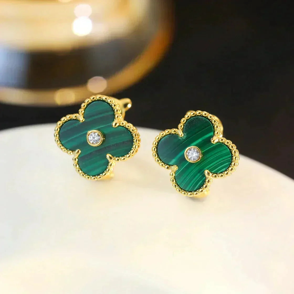 [Resenly Jewelry]CLOVER MEDIUM 1 MOTIFS MALACHITE DIAMOND EARRINGS