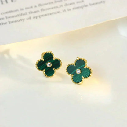 [Resenly Jewelry]CLOVER MEDIUM 1 MOTIFS MALACHITE DIAMOND EARRINGS