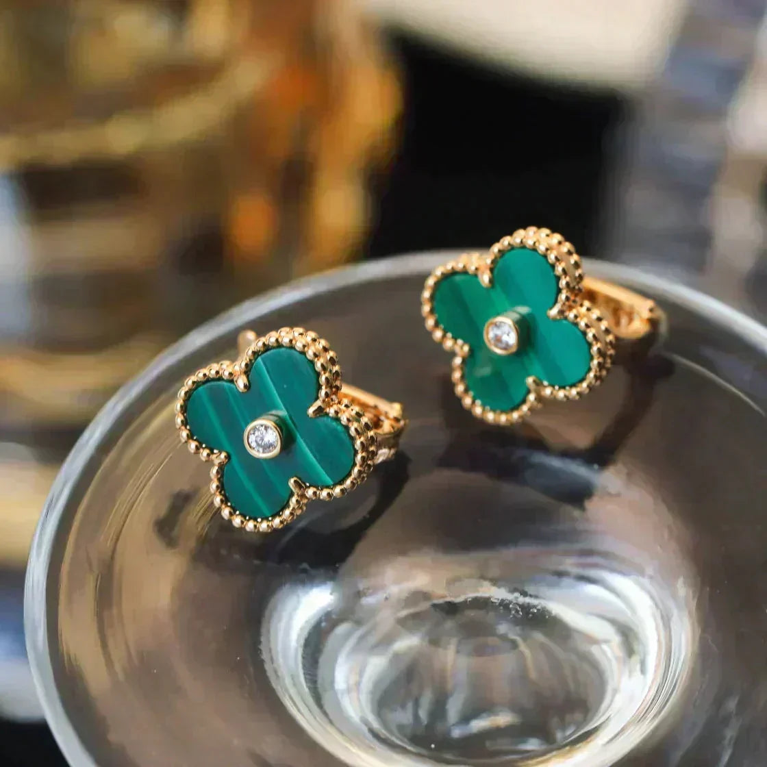 [Resenly Jewelry]CLOVER MEDIUM 1 MOTIFS MALACHITE DIAMOND EARRINGS