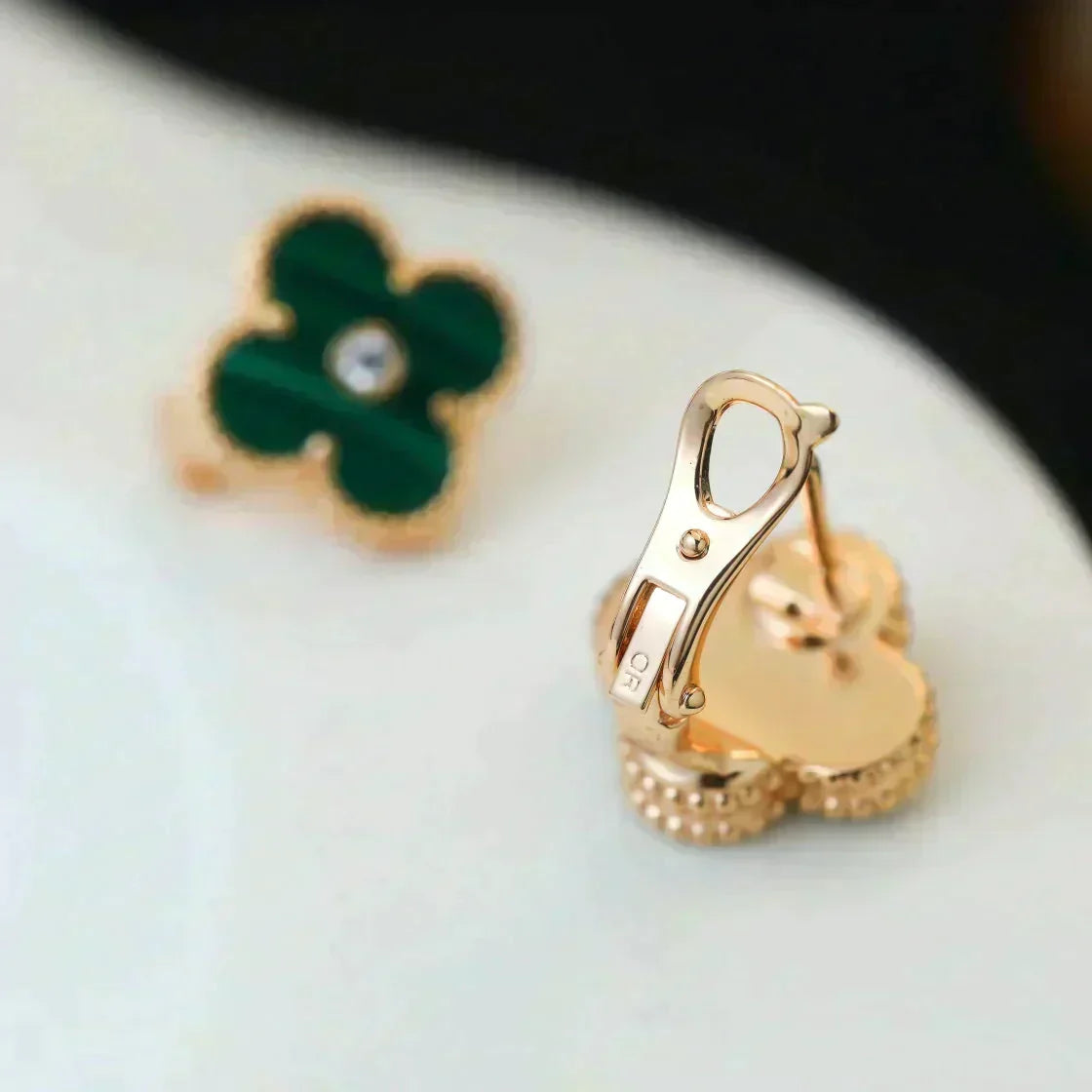 [Resenly Jewelry]CLOVER MEDIUM 1 MOTIFS MALACHITE DIAMOND EARRINGS