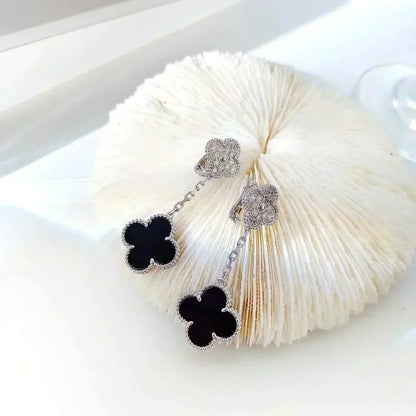 [Resenly Jewelry]CLOVER 2 MOTIFS  DIAMOND ONYX EARRINGS SILVER