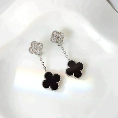[Resenly Jewelry]CLOVER 2 MOTIFS  DIAMOND ONYX EARRINGS SILVER