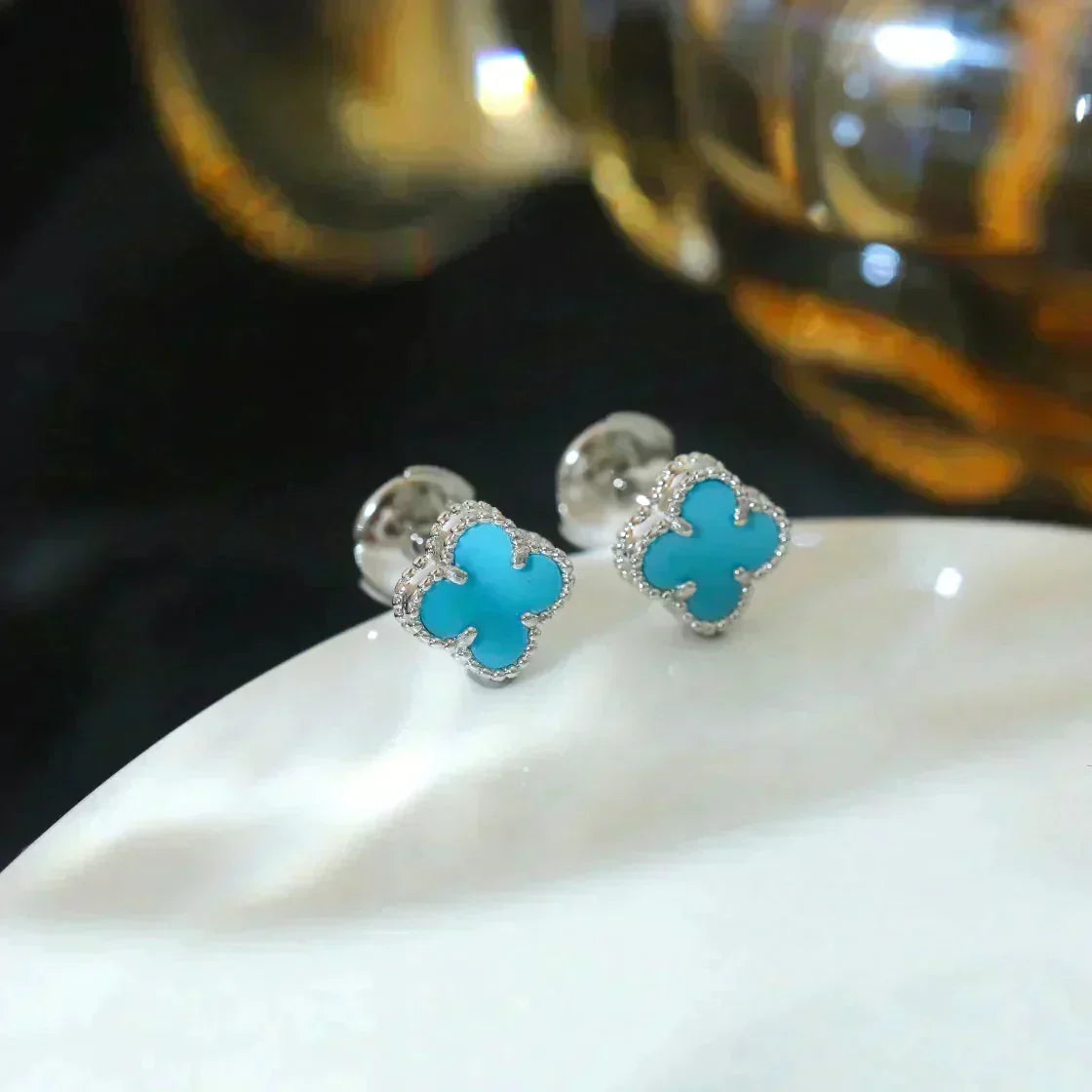 [Resenly Jewelry]CLOVER MINI 9.5MM ONYX STUD EARRINGS SILVER